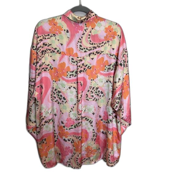 ASOS Oversized Satin Swirl Floral Print Women’s Leopard Accent Long Sleeve - Picture 4 of 8